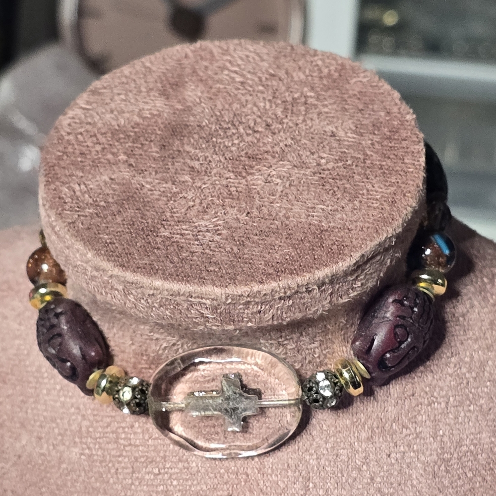 Purple Bead Bracelet with Clear Cross Accent and Gold-Tone Spacers